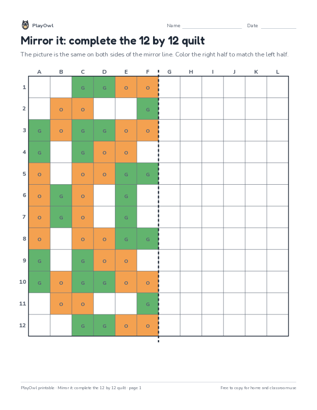 Mirror it: complete the 12 by 12 quilt: grid drawing worksheet for Grade 6, page 1 preview