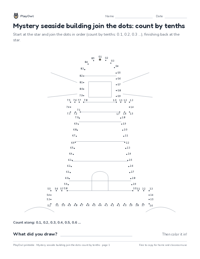 Mystery seaside building join the dots: count by tenths: dot-to-dot for Grade 6, page 1 preview