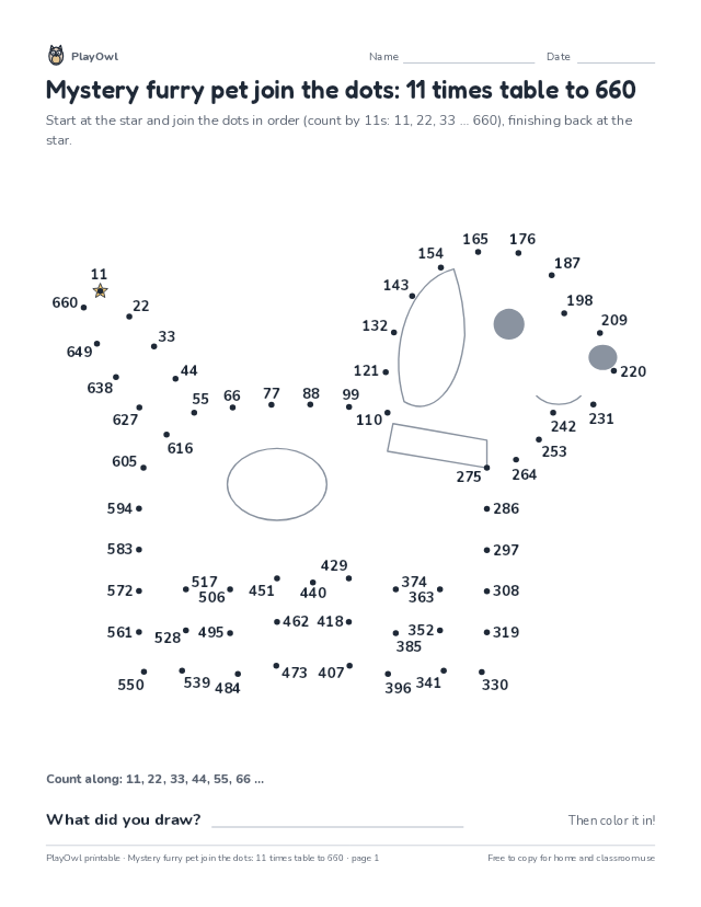 Mystery furry pet join the dots: 11 times table to 660: dot-to-dot for Grade 6, page 1 preview