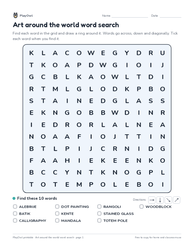 Art around the world word search: word search for Grade 6, page 1 preview
