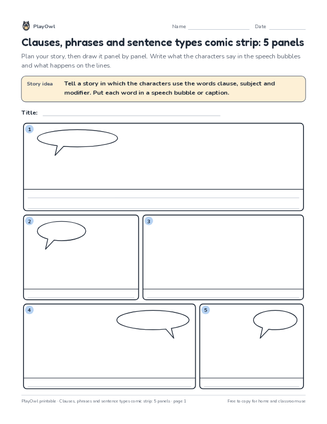 Clauses, phrases and sentence types comic strip: 5 panels: comic strip worksheet for Grade 6, page 1 preview