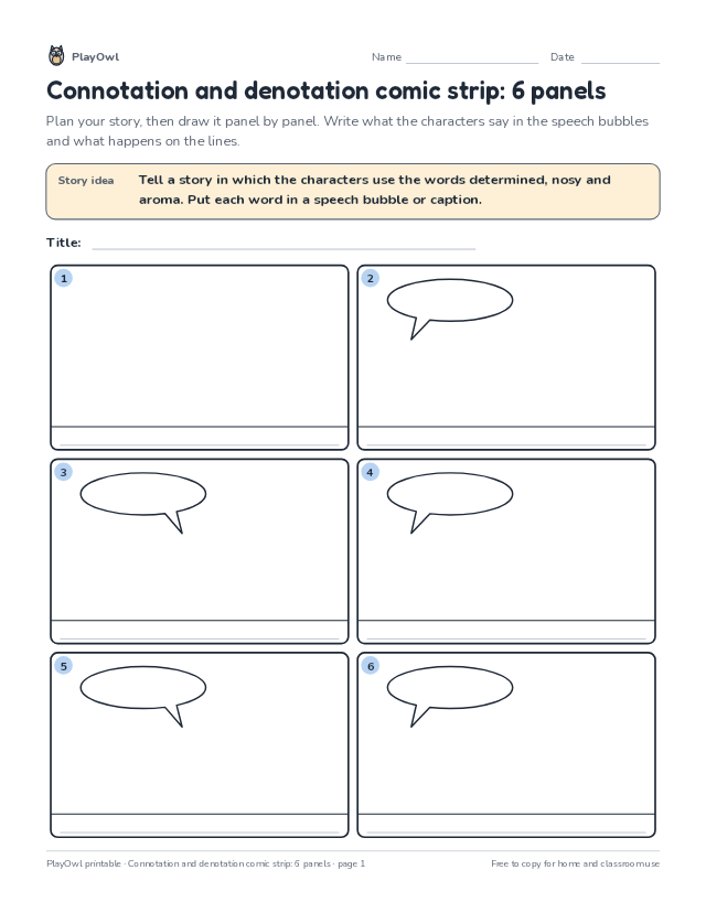 Connotation and denotation comic strip: 6 panels: comic strip worksheet for Grade 6, page 1 preview