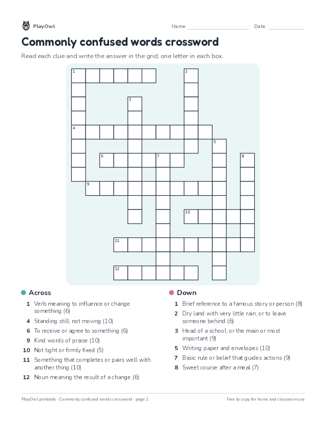Commonly confused words crossword: crossword puzzle for Grade 6, page 1 preview