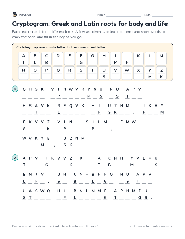 Cryptogram: Greek and Latin roots for body and life: secret code puzzle for Grade 6, page 1 preview