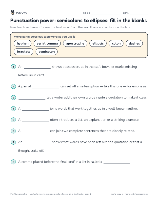 Punctuation power: semicolons to ellipses: fill in the blanks: fill-in-the-blank worksheet for Grade 6, page 1 preview