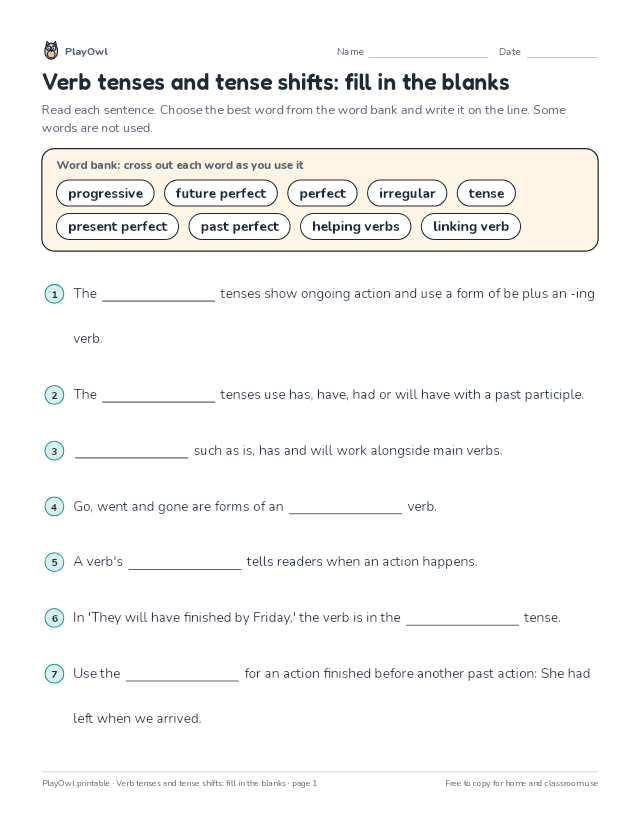 Verb tenses and tense shifts: fill in the blanks: fill-in-the-blank worksheet for Grade 6, page 1 preview
