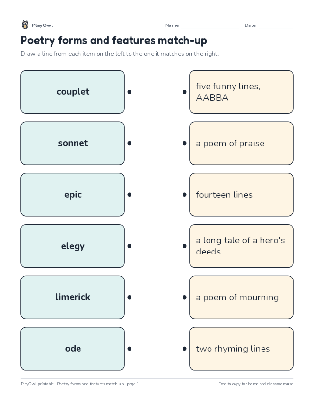 Poetry forms and features match-up: matching worksheet for Grade 6, page 1 preview