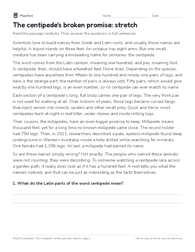 The centipede's broken promise: stretch: reading passage for Grade 6, page 1 preview