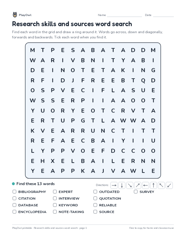 Research skills and sources word search: word search for Grade 6, page 1 preview