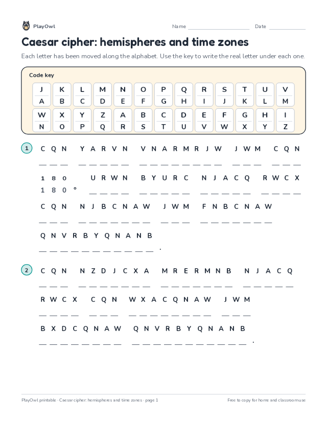Caesar cipher: hemispheres and time zones: secret code puzzle for Grade 6, page 1 preview