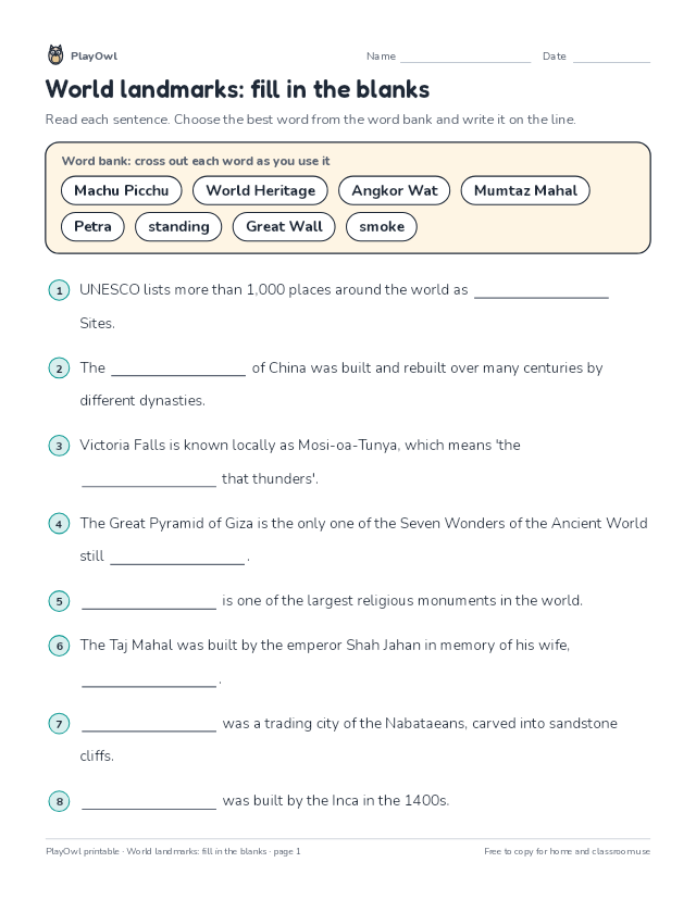 World landmarks: fill in the blanks: fill-in-the-blank worksheet for Grade 6, page 1 preview