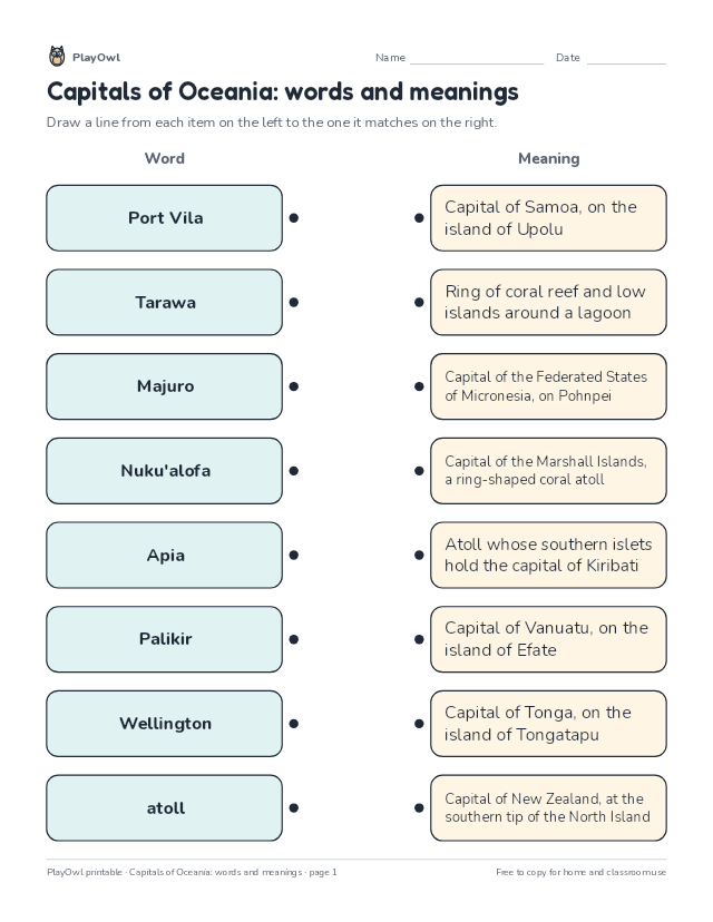 Capitals of Oceania: words and meanings: matching worksheet for Grade 6, page 1 preview