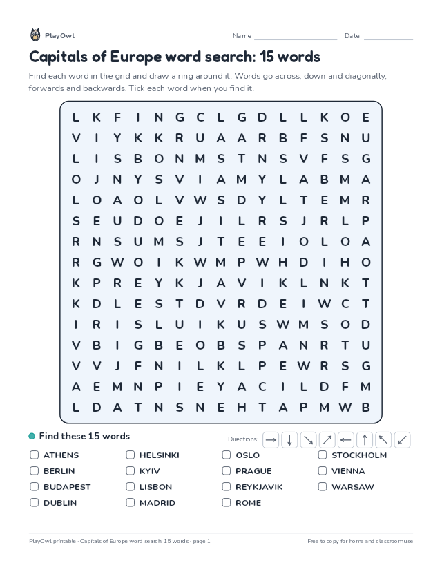 Capitals of Europe word search: 15 words: word search for Grade 6, page 1 preview