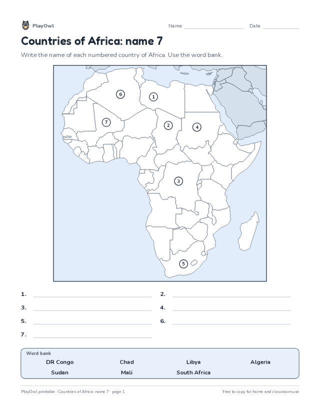 Countries of Africa: name 7: map worksheet for Grade 6, page 1 preview