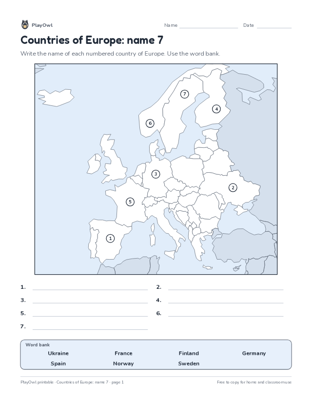 Countries of Europe: name 7: map worksheet for Grade 6, page 1 preview