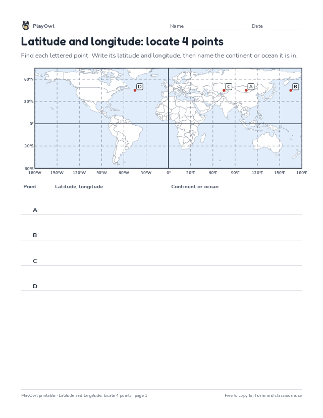Latitude and longitude: locate 4 points: map worksheet for Grades 6–7, page 1 preview