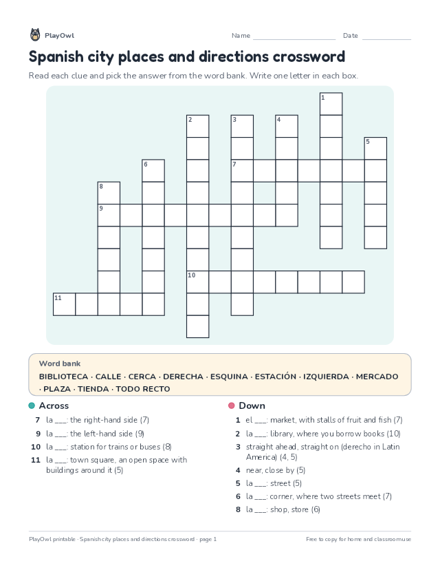 Spanish city places and directions crossword: crossword puzzle for Grade 6, page 1 preview