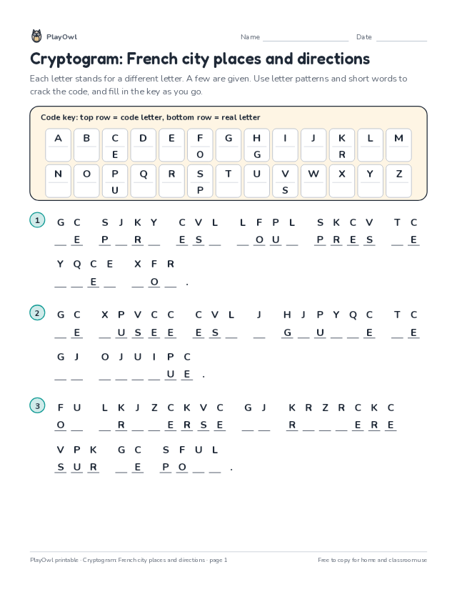 Cryptogram: French city places and directions: secret code puzzle for Grades 6–8, page 1 preview
