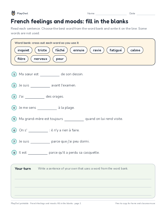 French feelings and moods: fill in the blanks: fill-in-the-blank worksheet for Grade 6, page 1 preview