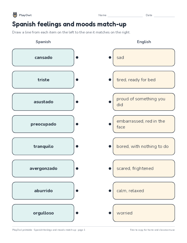 Spanish feelings and moods match-up: matching worksheet for Grade 6, page 1 preview
