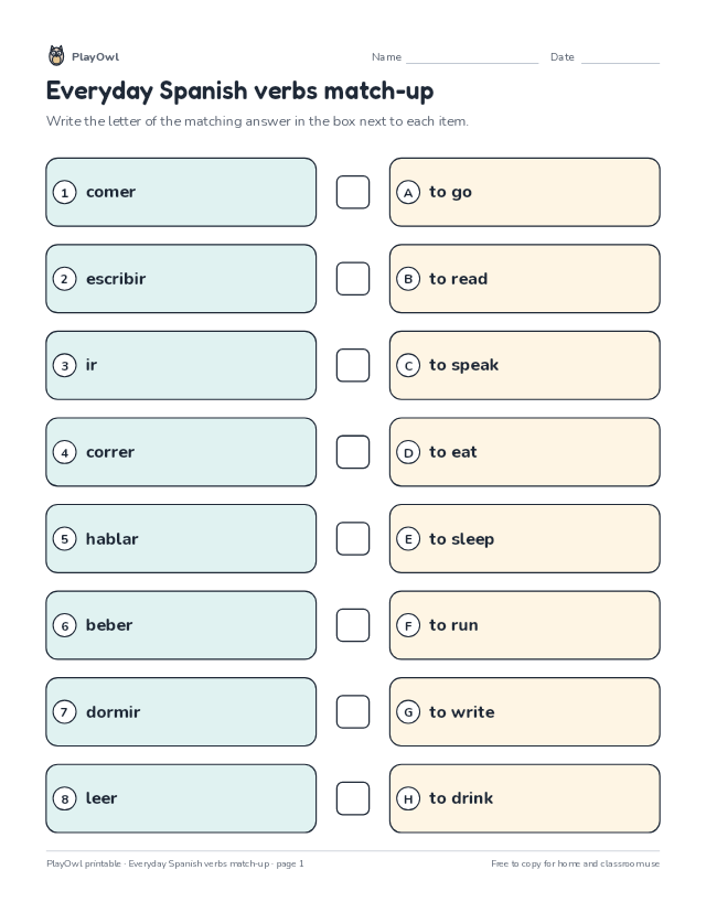 Everyday Spanish verbs match-up: matching worksheet for Grade 6, page 1 preview