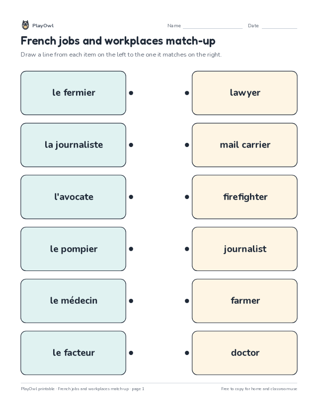 French jobs and workplaces match-up: matching worksheet for Grade 6, page 1 preview
