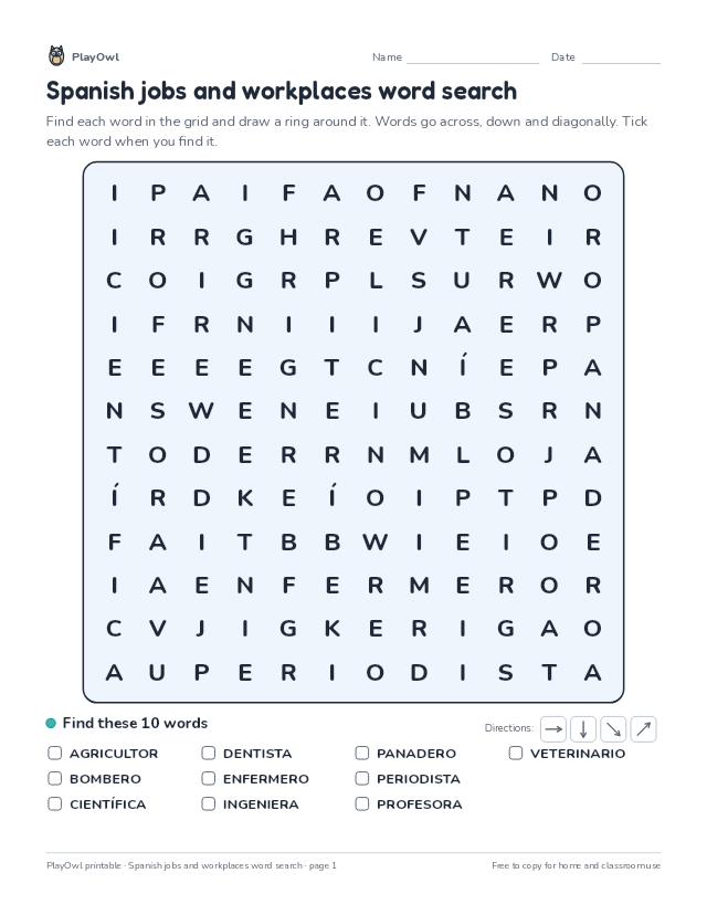 Spanish jobs and workplaces word search: word search for Grade 6, page 1 preview