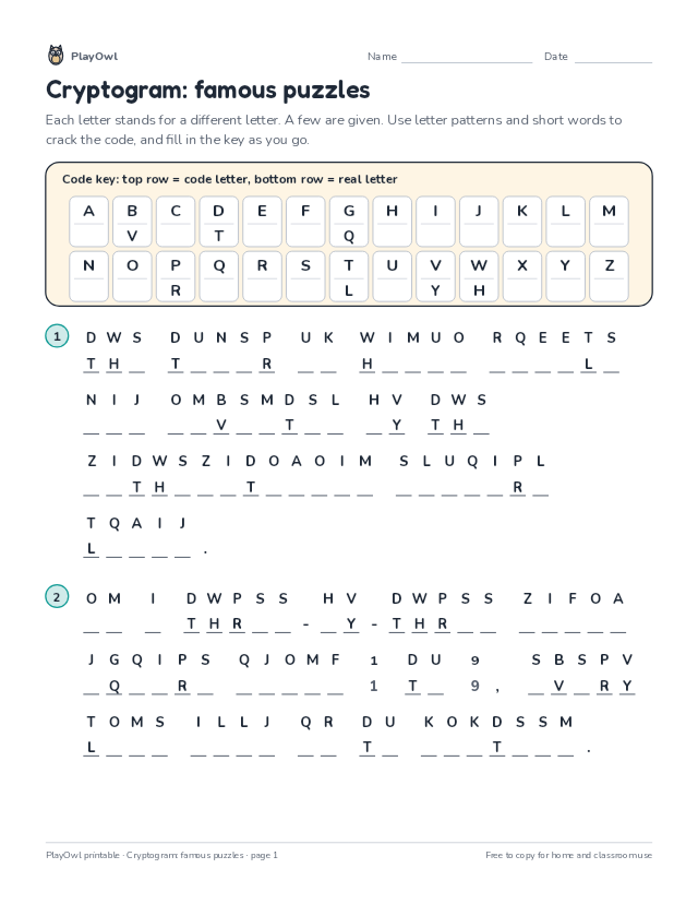 Cryptogram: famous puzzles: secret code puzzle for Grade 6, page 1 preview