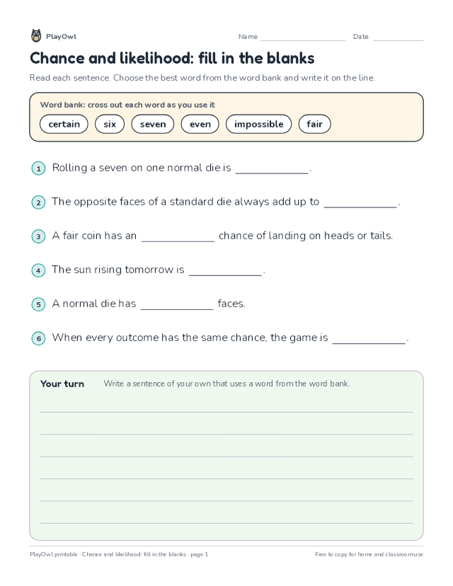 Chance and likelihood: fill in the blanks: fill-in-the-blank worksheet for Grade 6, page 1 preview