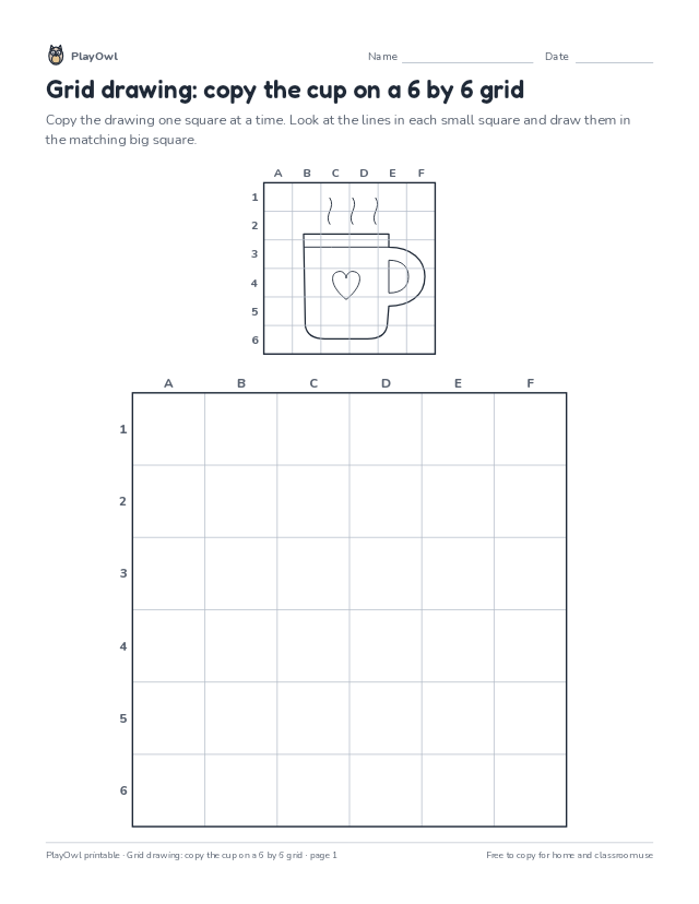 Grid drawing: copy the cup on a 6 by 6 grid: grid drawing worksheet for Grade 6, page 1 preview