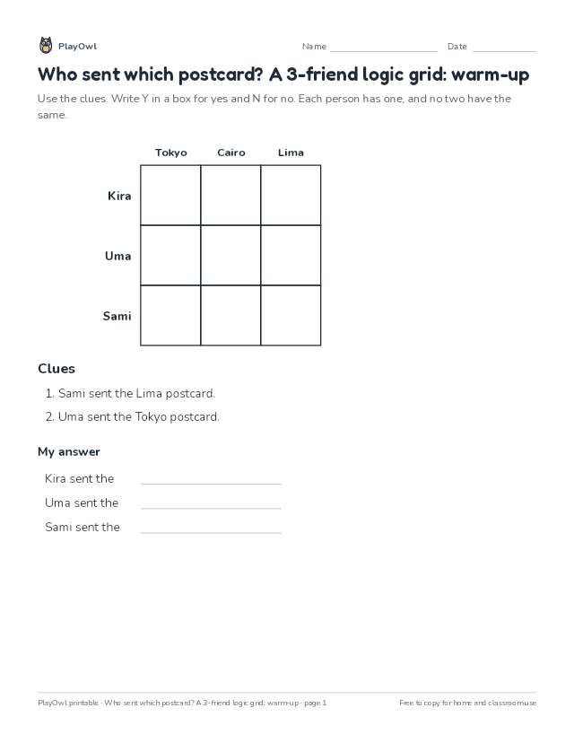 Who sent which postcard? A 3-friend logic grid: warm-up: logic puzzle for Grade 6, page 1 preview