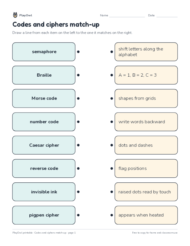 Codes and ciphers match-up: matching worksheet for Grade 6, page 1 preview
