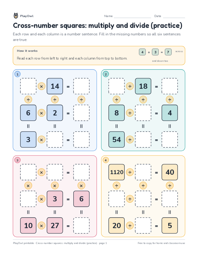 Cross-number squares: multiply and divide (practice): math puzzle for Grade 6, page 1 preview
