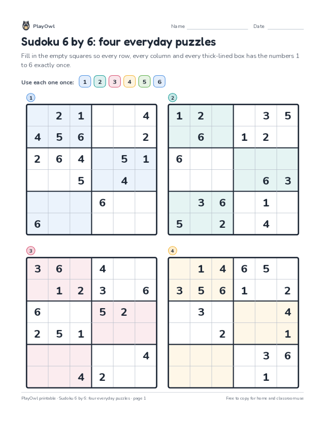 Sudoku 6 by 6: four everyday puzzles: sudoku puzzle for Grades 6–7, page 1 preview
