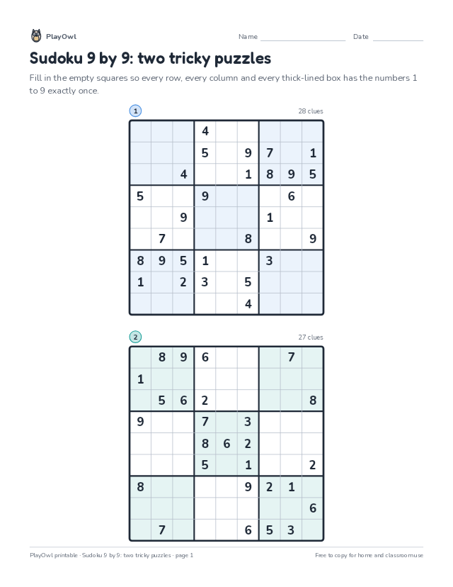 Sudoku 9 by 9: two tricky puzzles: sudoku puzzle for Grades 6–7, page 1 preview