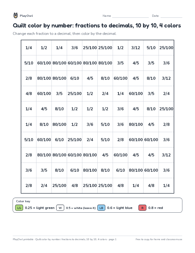 Quilt color by number: fractions to decimals, 10 by 10, 4 colors: color-by-number page for Grade 6, page 1 preview