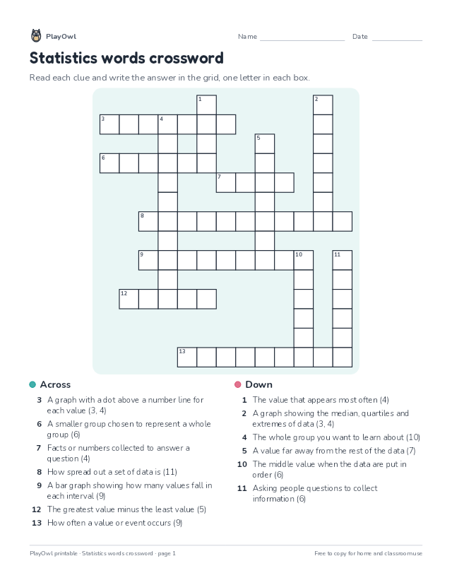 Statistics words crossword: crossword puzzle for Grade 6, page 1 preview