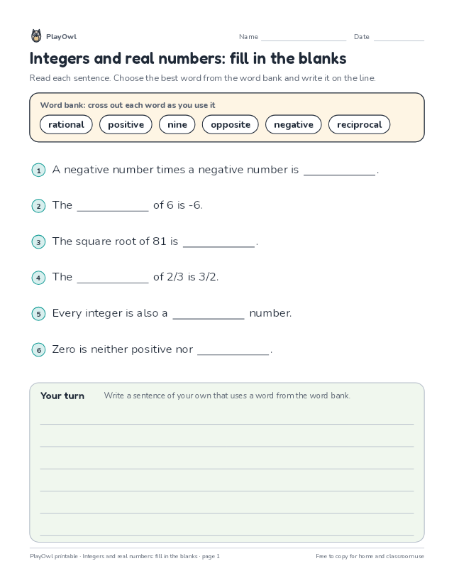 Integers and real numbers: fill in the blanks: fill-in-the-blank worksheet for Grades 6–7, page 1 preview