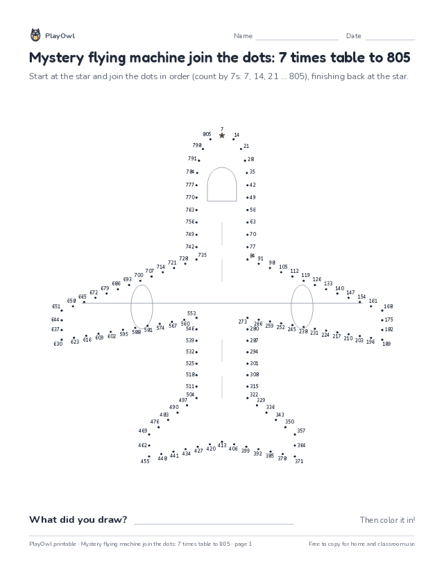 Mystery flying machine join the dots: 7 times table to 805: dot-to-dot for Grades 6–7, page 1 preview