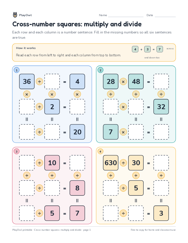 Cross-number squares: multiply and divide: math puzzle for Grades 6–7, page 1 preview