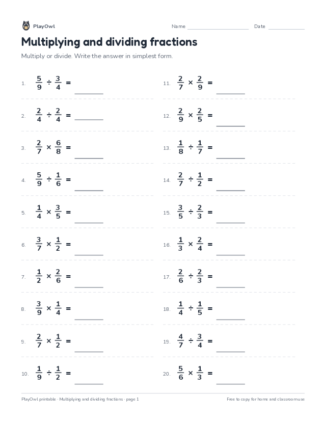 Multiplying and dividing fractions: math worksheet for Grade 6, page 1 preview
