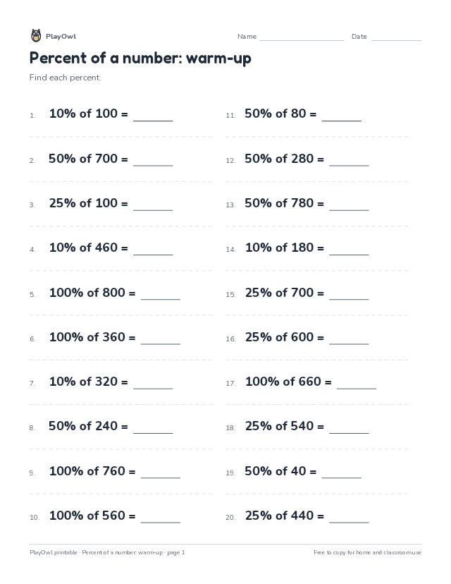 Percent of a number: warm-up: math worksheet for Grade 6, page 1 preview