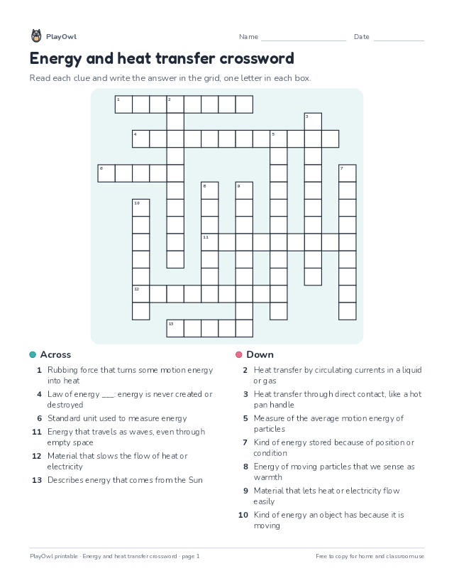 Energy and heat transfer crossword: crossword puzzle for Grade 6, page 1 preview