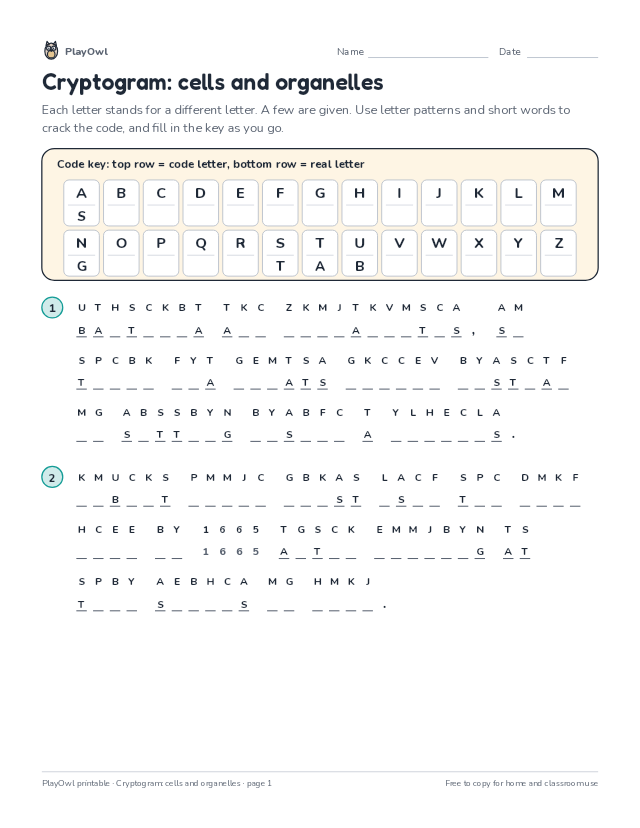 Cryptogram: cells and organelles: secret code puzzle for Grade 6, page 1 preview