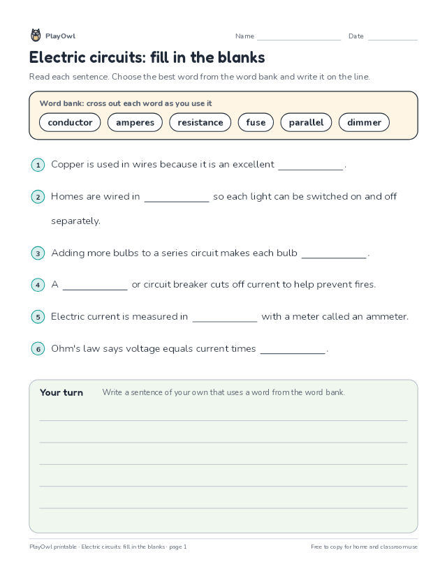Electric circuits: fill in the blanks: fill-in-the-blank worksheet for Grade 6, page 1 preview