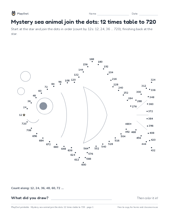 Mystery sea animal join the dots: 12 times table to 720: dot-to-dot for Grade 6, page 1 preview