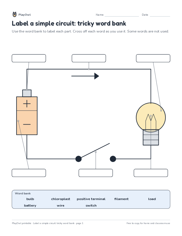 Label a simple circuit: tricky word bank: science diagram worksheet for Grade 6, page 1 preview