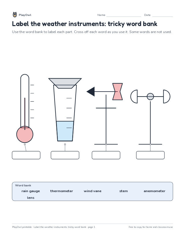 Label the weather instruments: tricky word bank: science diagram worksheet for Grade 6, page 1 preview