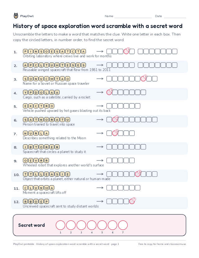 History of space exploration word scramble with a secret word: word scramble for Grade 6, page 1 preview