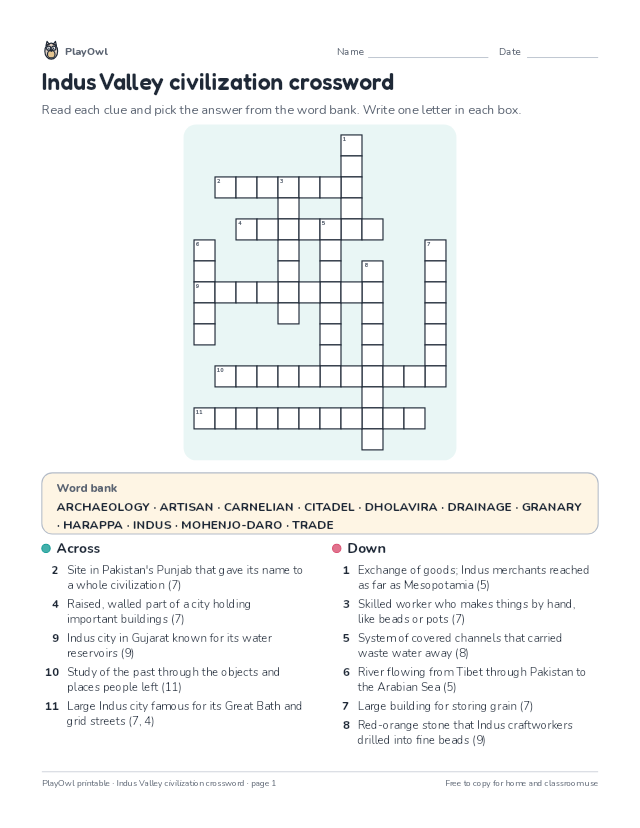 Indus Valley civilization crossword: crossword puzzle for Grade 6, page 1 preview